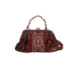 Vintage Beaded Sequin Evening Clutch Purse With Metal Clasp & Beaded Handle
